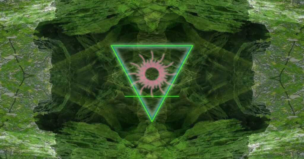 Virgo Sun through the twelve houses — the earth elemental triangle and a stylized sun over Green Man’s Throne, a digital photo remix by Chris Kaplan