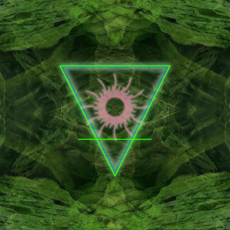 Virgo Sun through the twelve houses — the earth elemental triangle and a stylized sun over Green Man’s Throne, a digital photo remix by Chris Kaplan
